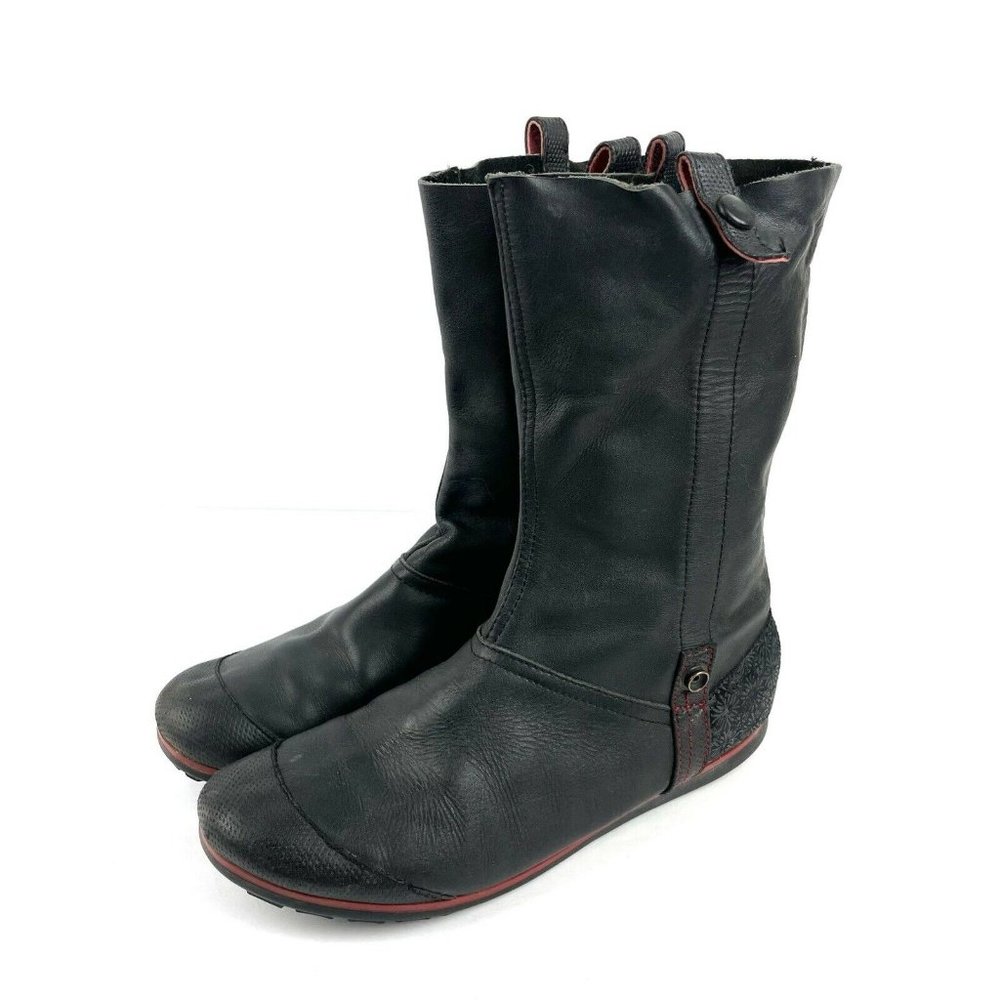 Camper Foldover Boots 9 Black Leather Floral Mid Calf Ankle Booties